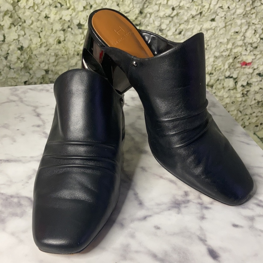 H Halston Black Leather Mules